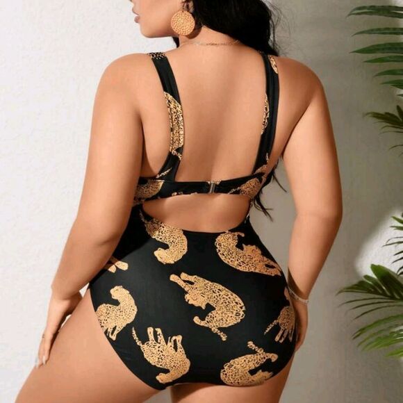 Black and Gold Leopard Print Swimsuit 1X - Picture 2 of 6